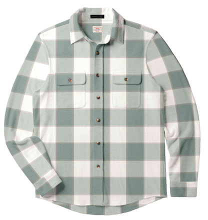 The Faherty Legend™ Sweater Shirt in light green and white plaid features a custom fabric blend, two chest pockets, and long sleeves. The soft knit shirt is shown against a white background.