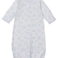 The Kissy Kissy Baby Cheerful Goodnight Convertible Gown is a white Pima cotton baby gown with long sleeves, a light blue cloud and moon print, front snap buttons, and an elastic hem.
