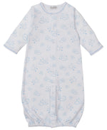 The Kissy Kissy Baby Cheerful Goodnight Convertible Gown is a white Pima cotton baby gown with long sleeves, a light blue cloud and moon print, front snap buttons, and an elastic hem.