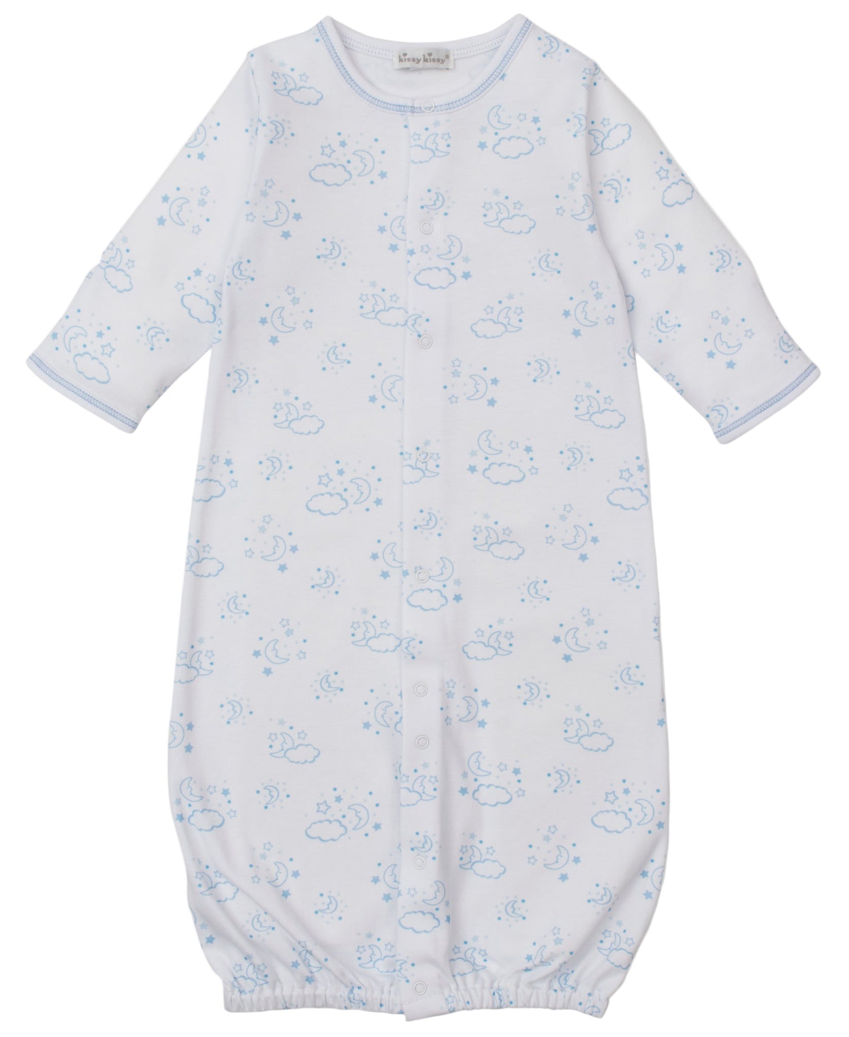 The Kissy Kissy Baby Cheerful Goodnight Convertible Gown is a white Pima cotton baby gown with long sleeves, a light blue cloud and moon print, front snap buttons, and an elastic hem.