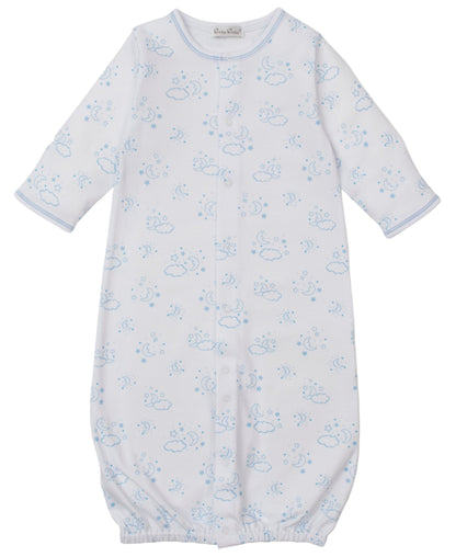 The Kissy Kissy Baby Cheerful Goodnight Convertible Gown is a white Pima cotton baby gown with long sleeves, a light blue cloud and moon print, front snap buttons, and an elastic hem.