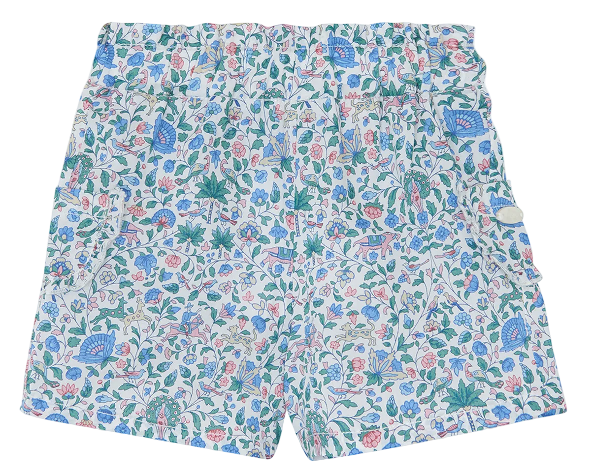 The Tartine et Chocolat Baby Girls’ and Girls’ Liberty Short features a vibrant and intricate floral print in blue, pink, and green leaves on a white background—perfect for brightening up your child’s summer wardrobe.