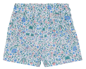 The Tartine et Chocolat Baby Girls’ and Girls’ Liberty Short features a vibrant and intricate floral print in blue, pink, and green leaves on a white background—perfect for brightening up your child’s summer wardrobe.