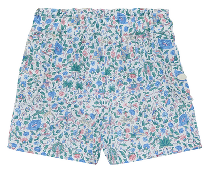 The Tartine et Chocolat Baby Girls’ and Girls’ Liberty Short features a vibrant and intricate floral print in blue, pink, and green leaves on a white background—perfect for brightening up your child’s summer wardrobe.
