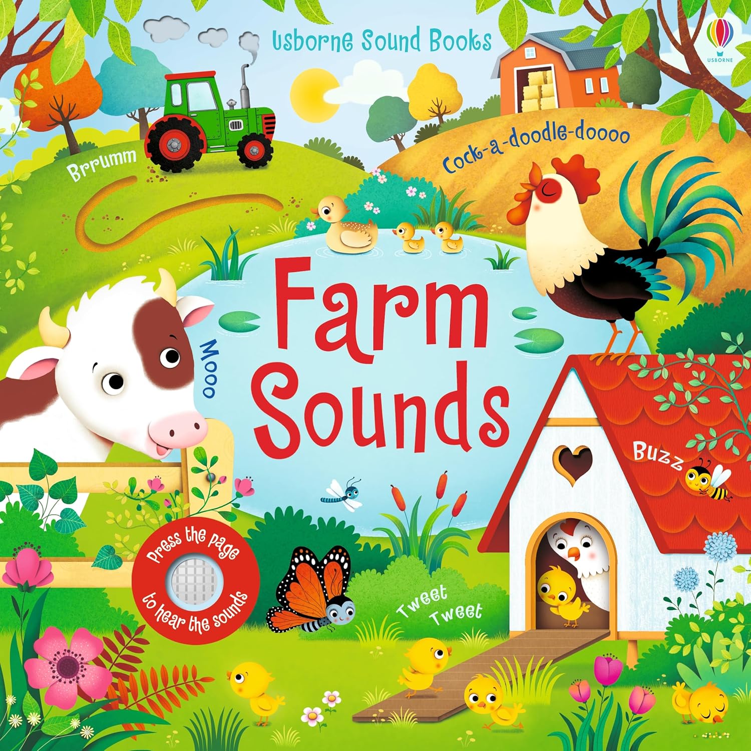 Brightly illustrated "Farm Sounds" children’s book by Harper Collins features a cow, rooster, tractor, chicks, butterflies, and speech bubbles with animal noises—an engaging sound book introducing kids to farmyard fun.