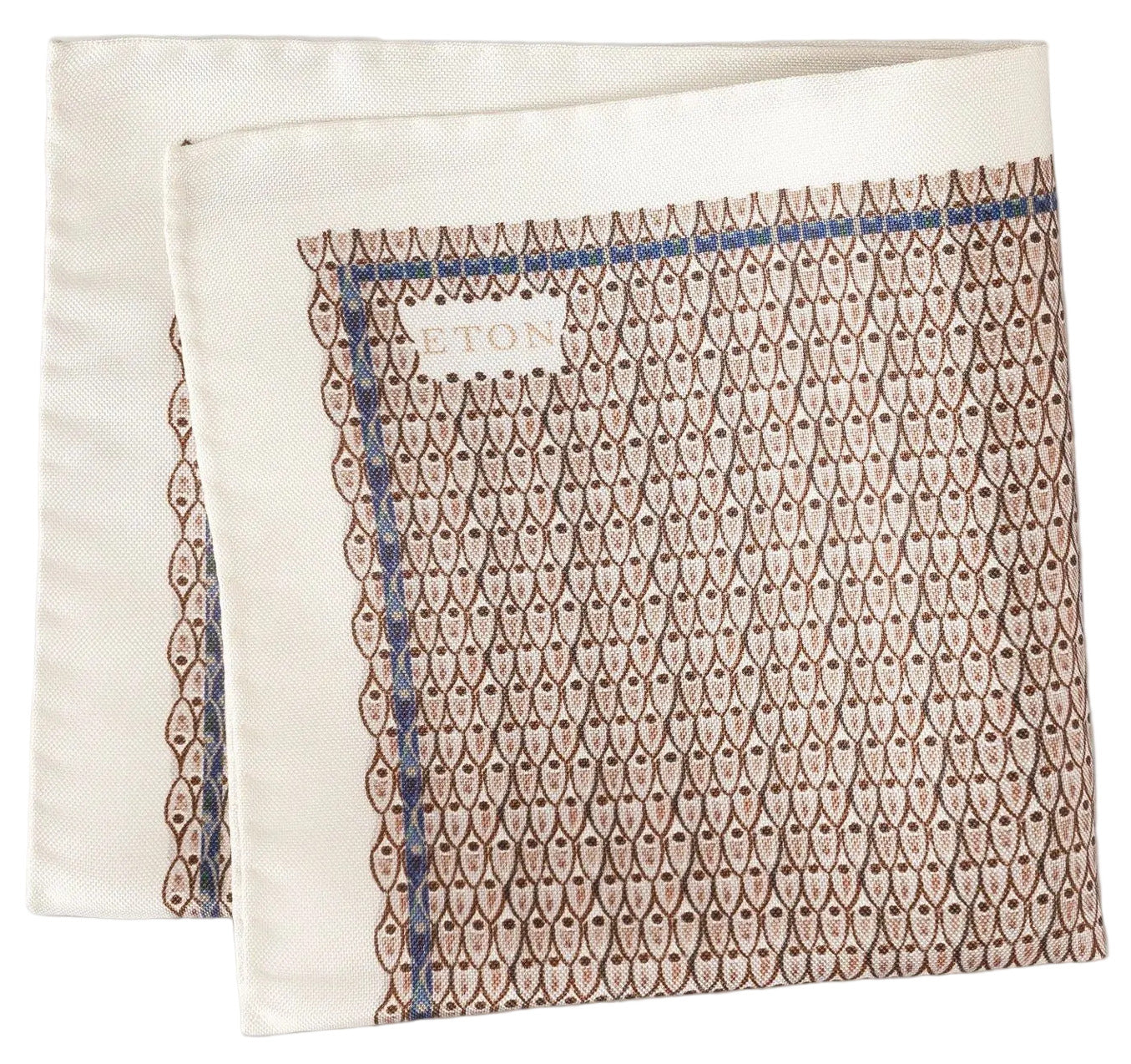 Folded Geometric Silk Oxford Pocket Square by Eton, crafted from Italian silk with a blue border and small repeating geometric motif, featuring a visible "Eton" label in one corner.