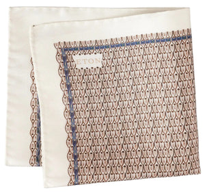 Folded Geometric Silk Oxford Pocket Square by Eton, crafted from Italian silk with a blue border and small repeating geometric motif, featuring a visible "Eton" label in one corner.