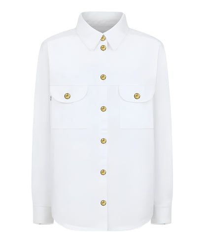 Introducing Blaze Milano's Clapotis Berber Shirt: a white long-sleeve button-up with gold buttons. Ideal for summer, it features a relaxed fit and two chest pockets with buttoned flaps.