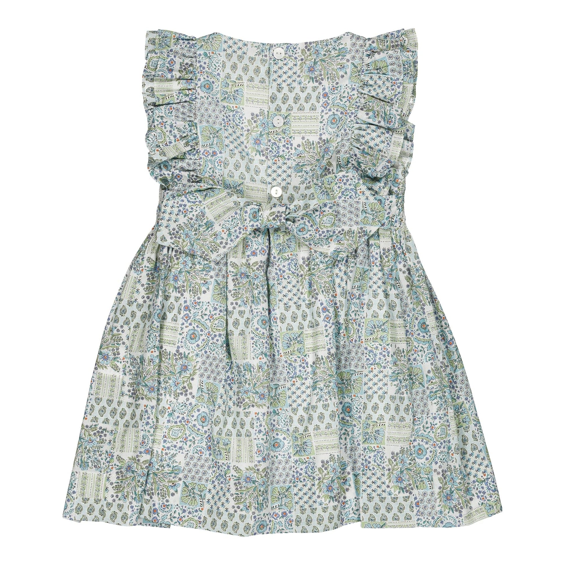 The Kidiwi Baby Girls' and Girls' Clarisse Smocked Dress features a sleeveless design, green and blue floral print, ruffled shoulders, back buttons, waist bow tie, and soft cotton poplin fabric. Shown flat on a white background.
