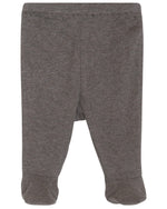 Serendipity Newborn Rib Pants with Feet in gray, shown laid flat and viewed from the front against a white background.