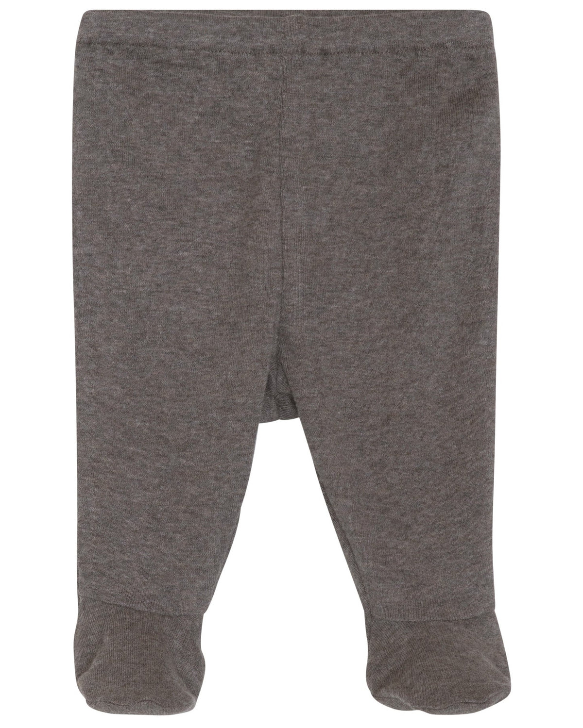 Serendipity Newborn Rib Pants with Feet in gray, shown laid flat and viewed from the front against a white background.