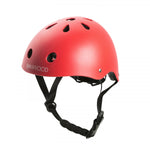 Red Banwood children's helmets with dial fit adjustment system isolated on a white background.