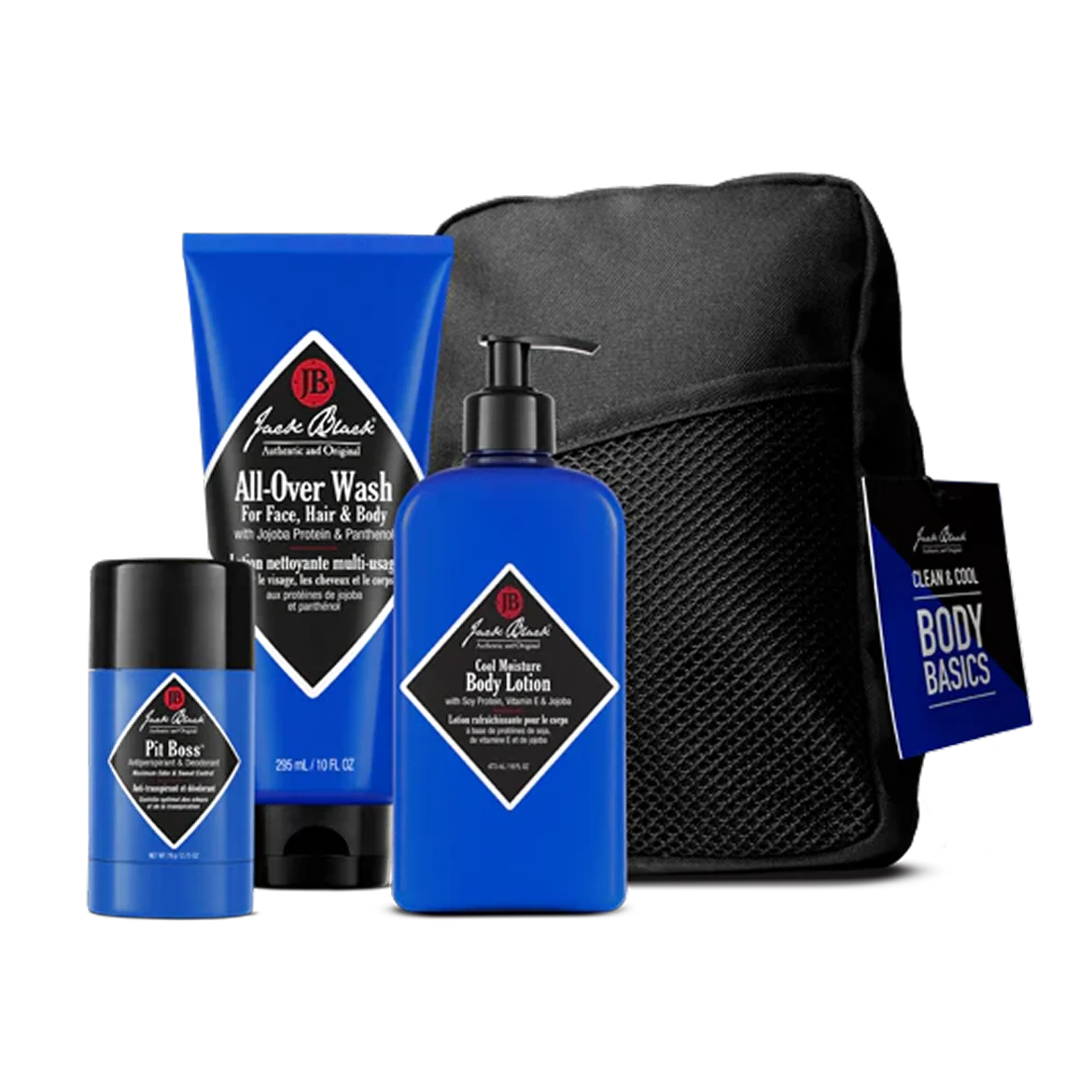 A set of Jack Black Clean and Cool Body Basics, featuring their best-selling daily body care formulas—including a signature All-Over scent body wash, lotion, deodorant, and a black mesh travel bag—arranged against a plain background.