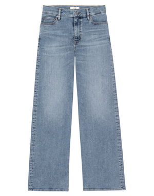 Le Slim Palazzo by Frame: light blue high rise wide-leg jeans made from sustainable cotton, with front and back pockets, button and zipper closure. Shown laid flat on a white background.