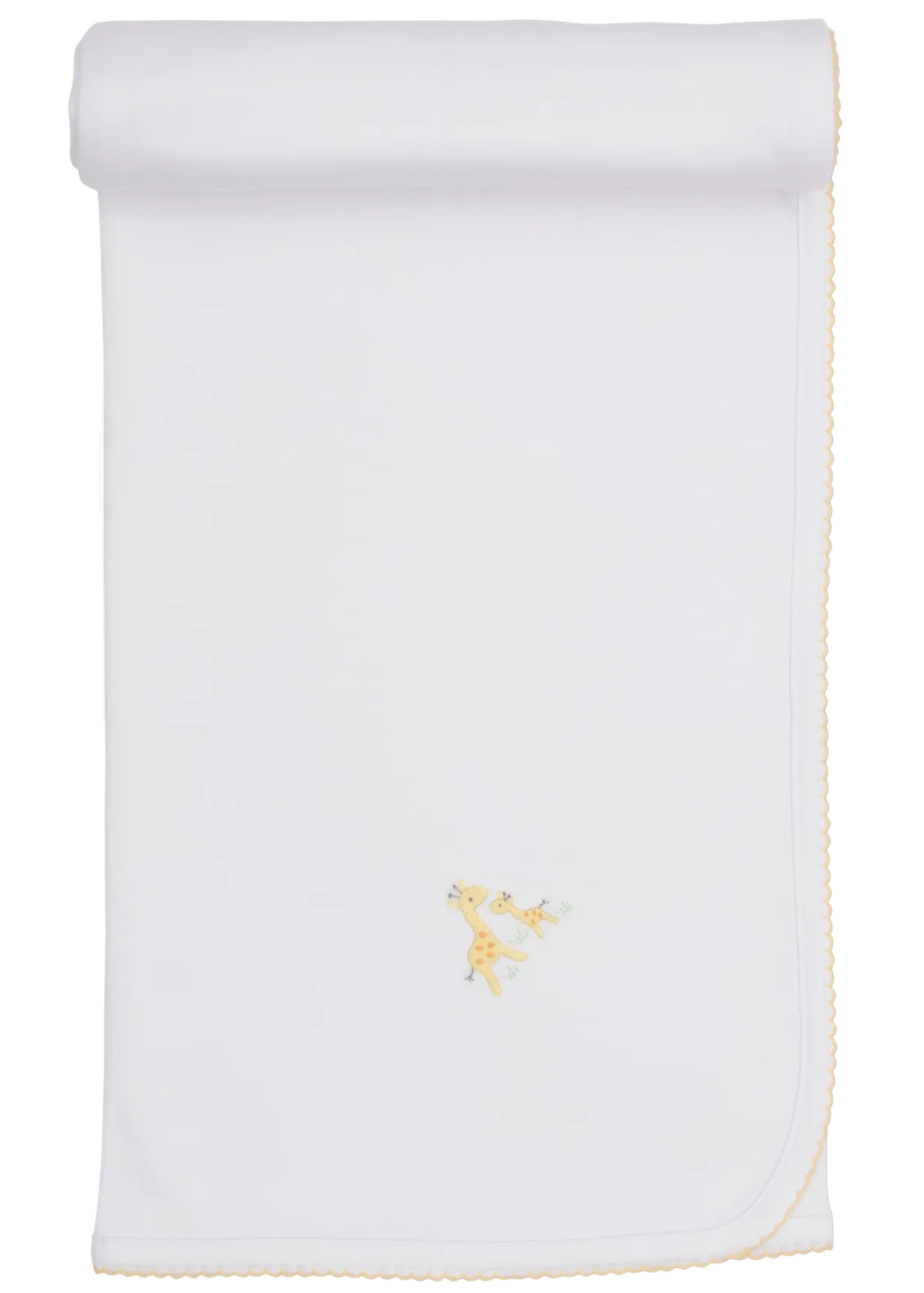 The Premier Giraffe Love Hand Emb. Blanket by Kissy Kissy is a white baby blanket crafted from 100% Pima cotton, featuring a hand-embroidered yellow giraffe illustration in the center and yellow scalloped edging, displayed rolled at the top.