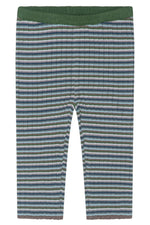 Serendipity Baby Rib Knit Pants made from organic cotton, showcasing horizontal green, blue, and gray stripes with a comfortable elastic green waistband. These GOTS certified leggings are displayed flat on a white background.
