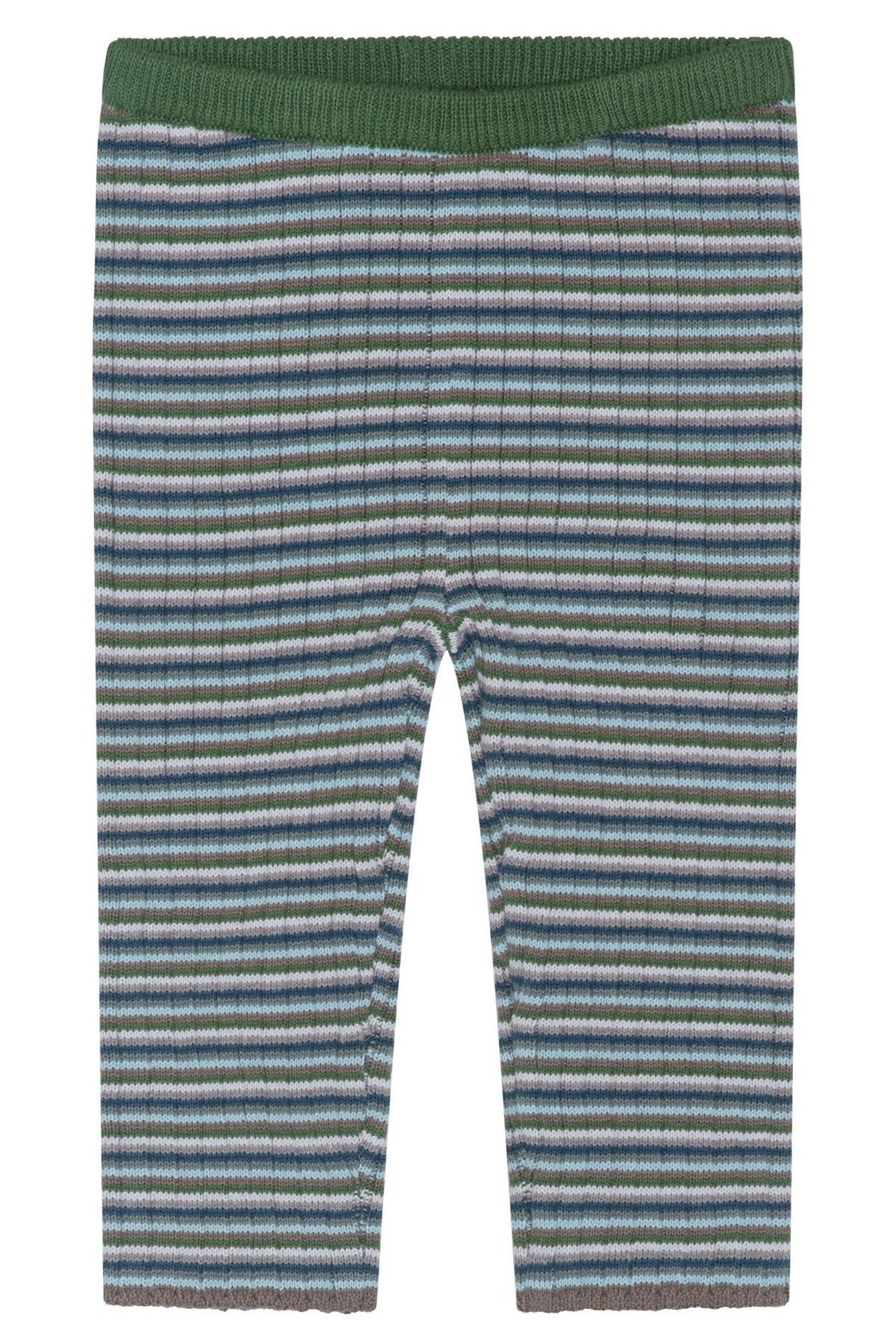 Serendipity Baby Rib Knit Pants made from organic cotton, showcasing horizontal green, blue, and gray stripes with a comfortable elastic green waistband. These GOTS certified leggings are displayed flat on a white background.