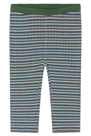Serendipity Baby Rib Knit Pants made from organic cotton, showcasing horizontal green, blue, and gray stripes with a comfortable elastic green waistband. These GOTS certified leggings are displayed flat on a white background.