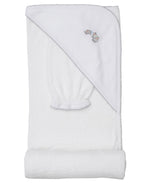 The Kissy Kissy Elephant Esprit Hooded Towel with Mitt Set is a soft, white baby towel featuring an embroidered elephant design on the hood—ideal for keeping your little one cozy after bath time.
