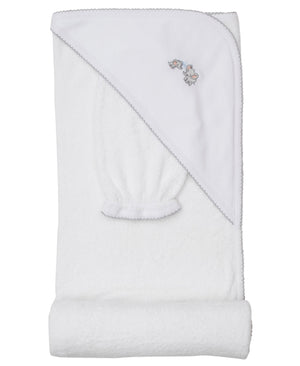 The Kissy Kissy Elephant Esprit Hooded Towel with Mitt Set is a soft, white baby towel featuring an embroidered elephant design on the hood—ideal for keeping your little one cozy after bath time.