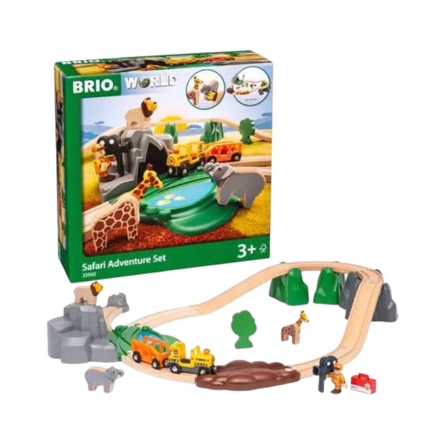 The Brio Safari Adventure Set includes a wooden train set, safari animals, trees, vehicles, and figures for endless safari fun; product box shown in the background.