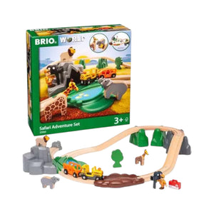 The Brio Safari Adventure Set includes a wooden train set, safari animals, trees, vehicles, and figures for endless safari fun; product box shown in the background.