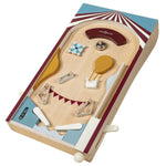 Introducing the Coco Village Wooden Play Pinball Machine—a charming, screen-free tabletop toy featuring vibrant circus-themed design elements. This wooden pinball machine comes complete with colorful accents, flippers, bumpers, and a ball, offering all the excitement of a classic circus arcade game in an engaging and compact format.