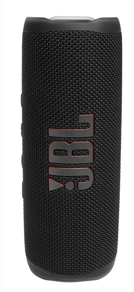 The JBL Flip 6 Waterproof Bluetooth Speaker is a black, cylindrical portable speaker with a fabric exterior, delivering powerful sound. It features a vertically displayed JBL logo and is designed to withstand water exposure.