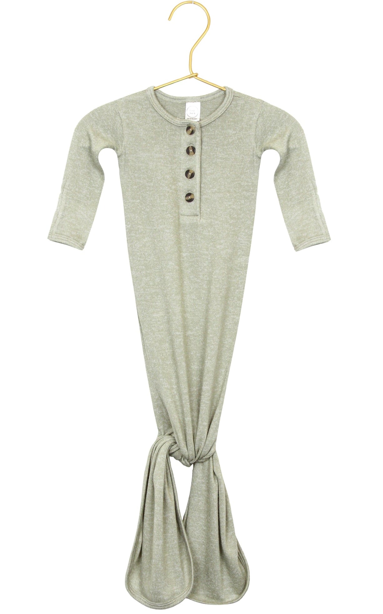 The Lou Lou & Company Baby Collins Plush Knit Knotted Gown is a light green, long-sleeve infant gown featuring a button-down front with four chest buttons, displayed on a gold hanger and designed with a convenient tie-bottom for hassle-free diaper changes.