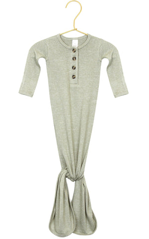 The Lou Lou & Company Baby Collins Plush Knit Knotted Gown is a light green, long-sleeve infant gown featuring a button-down front with four chest buttons, displayed on a gold hanger and designed with a convenient tie-bottom for hassle-free diaper changes.
