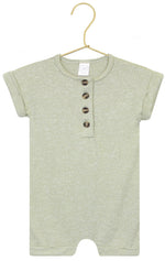 The Baby Collins Plush Knit Romper by Lou Lou & Company in light green features short sleeves and four brown buttons on the front. This adorable one-piece is displayed on a gold hanger against a white background.
