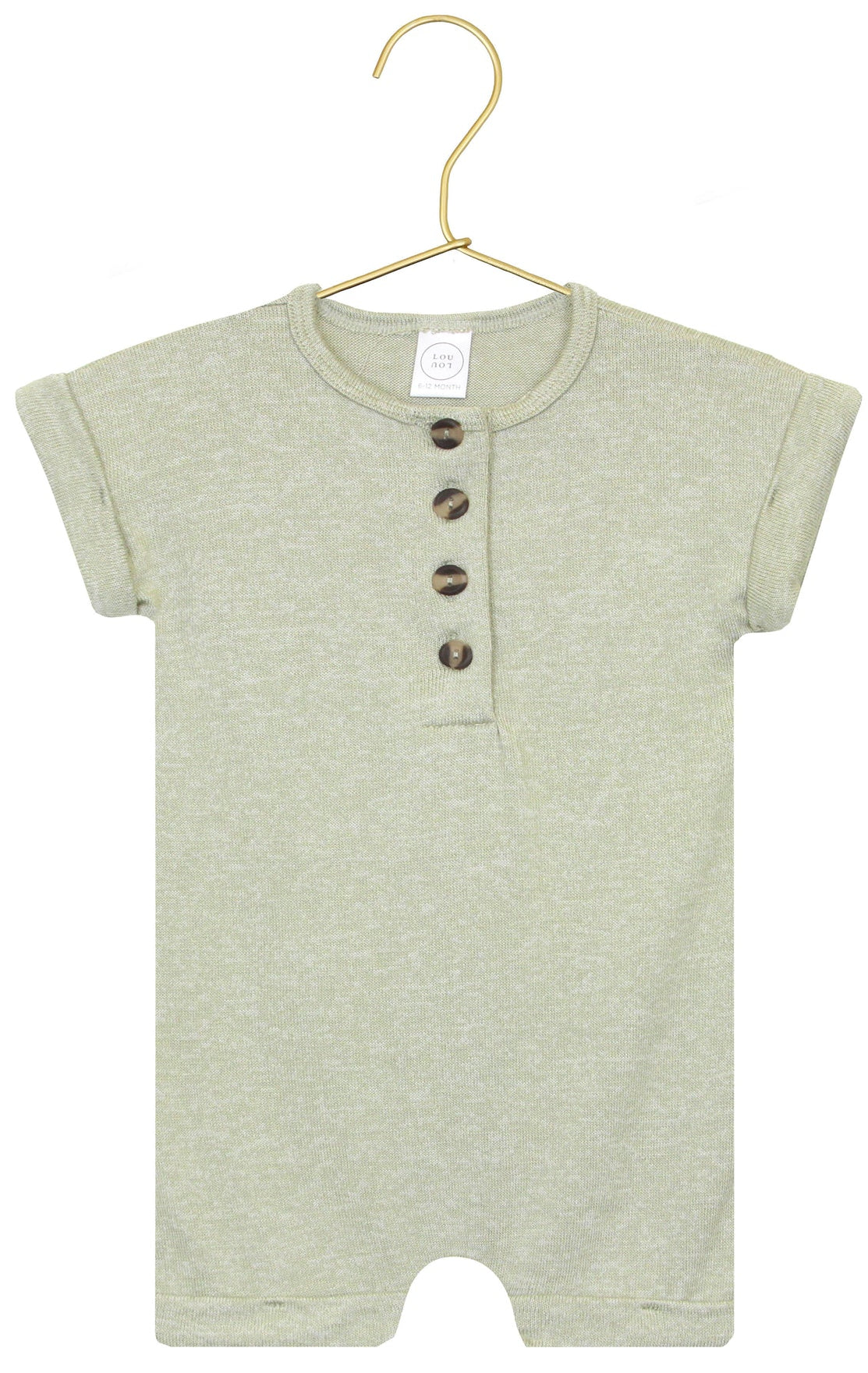 The Baby Collins Plush Knit Romper by Lou Lou & Company in light green features short sleeves and four brown buttons on the front. This adorable one-piece is displayed on a gold hanger against a white background.