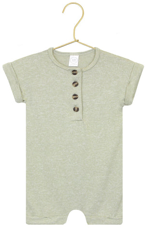 The Baby Collins Plush Knit Romper by Lou Lou & Company in light green features short sleeves and four brown buttons on the front. This adorable one-piece is displayed on a gold hanger against a white background.