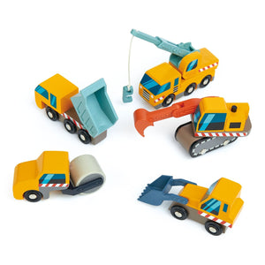 The Tender Leaf Toys Construction Site Vehicles set features five colorful toy vehicles—excavation digger, dump truck, crane, roller, and front loader—neatly arranged on a white background.