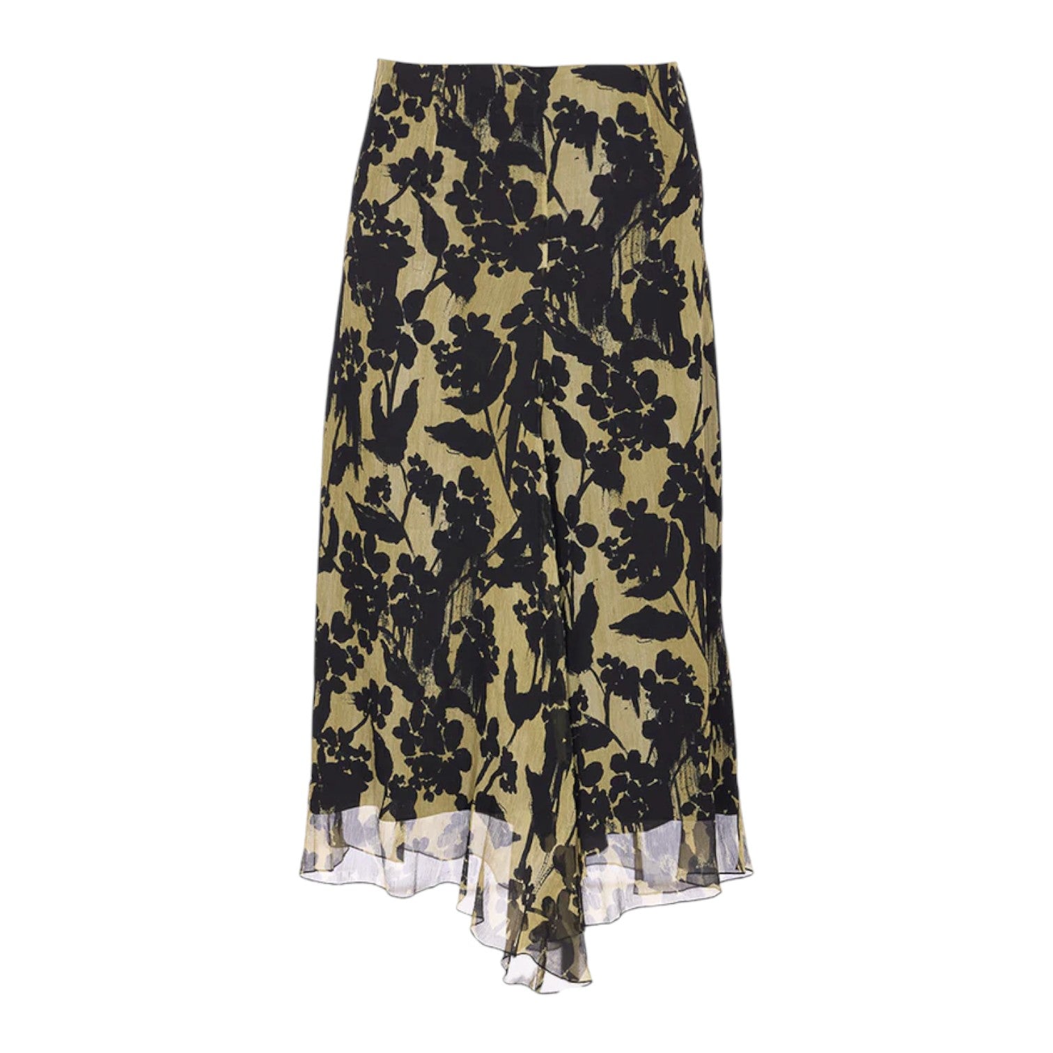 The Victoria Beckham Corset Detail Skirt features an asymmetric midi design with a green base and black floral pattern.