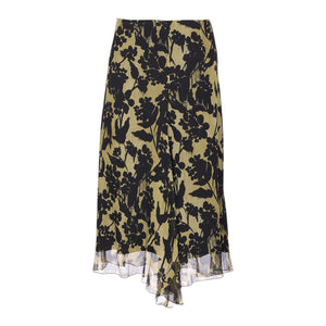 The Victoria Beckham Corset Detail Skirt features an asymmetric midi design with a green base and black floral pattern.