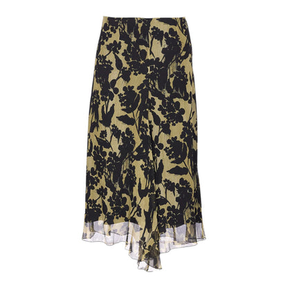 The Victoria Beckham Corset Detail Skirt features an asymmetric midi design with a green base and black floral pattern.