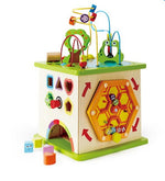 The Hape Country Critters Play Cube is a multi-activity wooden toy featuring bead mazes, shape sorting slots, and various interactive elements. It includes a colorful maze and vibrant shapes that create the perfect activity center for endless fun.