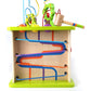 The Country Critters Play Cube by Hape is a brightly colored children's wooden activity center that features a bead maze on top, hammer and pegs on one side, and a zigzag race track on another.