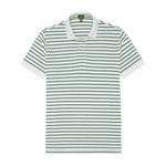 Sid Mashburn’s Court Polo, a men’s short-sleeve sport shirt made from soft pique cotton, features green horizontal stripes and a white collar, shown laid flat on a white background.
