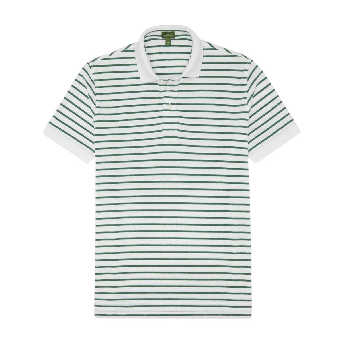 Sid Mashburn’s Court Polo, a men’s short-sleeve sport shirt made from soft pique cotton, features green horizontal stripes and a white collar, shown laid flat on a white background.