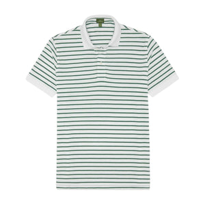 Sid Mashburn’s Court Polo, a men’s short-sleeve sport shirt made from soft pique cotton, features green horizontal stripes and a white collar, shown laid flat on a white background.