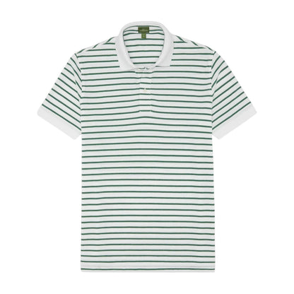 Sid Mashburn’s Court Polo, a men’s short-sleeve sport shirt made from soft pique cotton, features green horizontal stripes and a white collar, shown laid flat on a white background.