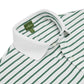 Close-up of the Sid Mashburn Court Polo—a white button-down shirt with green horizontal stripes, featuring a classic collar and an interior green label, crafted in the timeless style of a men’s polo shirt for versatile wear.