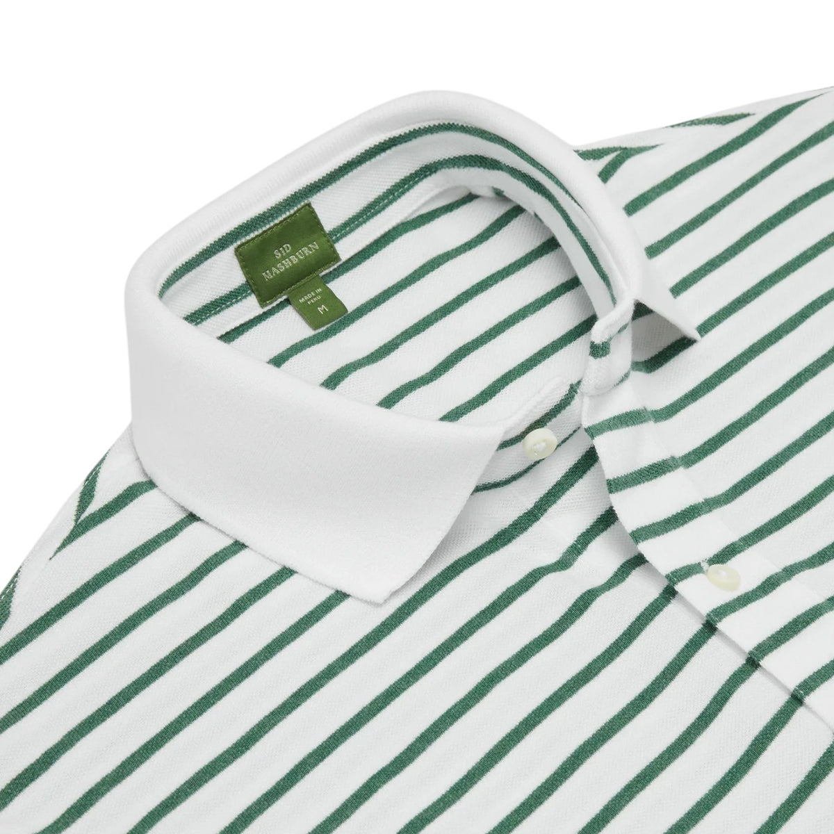 Close-up of the Sid Mashburn Court Polo—a white button-down shirt with green horizontal stripes, featuring a classic collar and an interior green label, crafted in the timeless style of a men’s polo shirt for versatile wear.