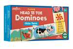 A box of Eeboo Little Farm Head to Toe Dominoes for ages 3+, featuring 28 pieces with farm animals and a windmill—perfect as a barnyard puzzle or fun matching game, and an ideal kids travel toy.