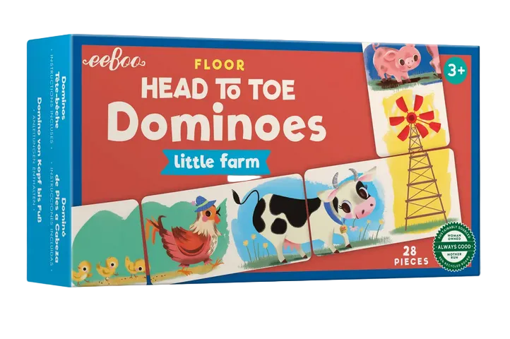 A box of Eeboo Little Farm Head to Toe Dominoes for ages 3+, featuring 28 pieces with farm animals and a windmill—perfect as a barnyard puzzle or fun matching game, and an ideal kids travel toy.