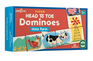 A box of Eeboo Little Farm Head to Toe Dominoes for ages 3+, featuring 28 pieces with farm animals and a windmill—perfect as a barnyard puzzle or fun matching game, and an ideal kids travel toy.