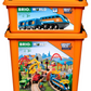 Two orange storage boxes containing the BRIO World Action Tunnel Deluxe Set, packed with a blue train and a vibrant track featuring Smart Tech Sound for enhanced railway excitement, complete with an Action Tunnel for thrilling adventures.