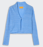 The Rib Stealth Cardigan by Guest in Residence is a light blue, lightweight cashmere piece with ribbed knit, long sleeves, a cropped hem, and a single front hook closure.